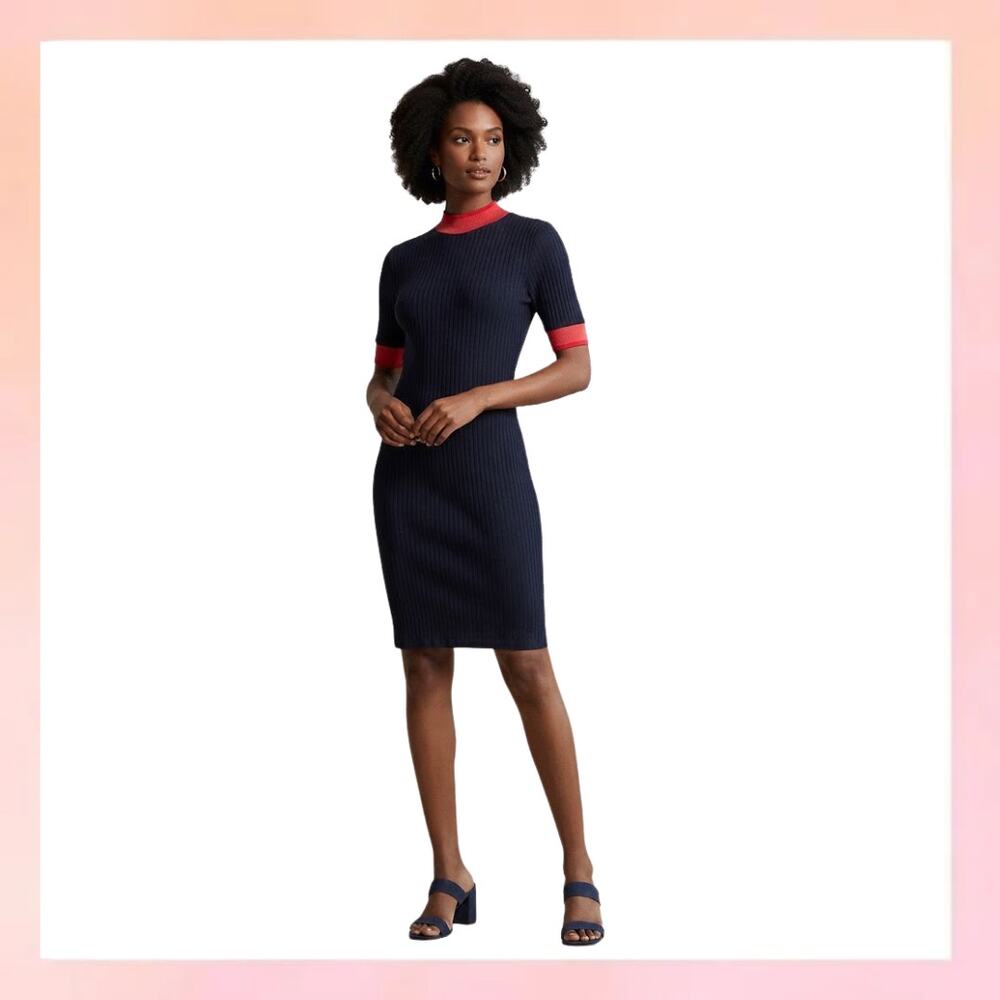 TRF by Zara Navy Blue & Red Ribbed Knit Mock Neck Midi Dress Size M